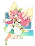  1girl :d absurdres bangs blue_eyes blush_stickers bracelet collar detached_sleeves dragalia_lost dress fairy fairy_wings flower full_body green_ribbon green_skirt hair_flower hair_ornament hair_ribbon highres jewelry leg_up long_hair looking_at_viewer notte_(dragalia_lost) open_mouth pink_hair ribbon skirt skirt_under_dress smile solo tanzaku_kishi wings 