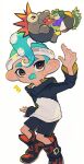  &gt;_&lt; 1boy absurdres aqua_hair aqua_tongue belt belt_buckle black_belt black_shorts boots brown_eyes buckle colored_tongue food highres inari1369 little_buddy_(splatoon) long_sleeves mohawk notice_lines octarian octoling octoling_boy open_mouth salmonid short_hair shorts simple_background smallfry_(splatoon) splatoon_(series) splatoon_3 suction_cups sweatband tentacle_hair white_background 
