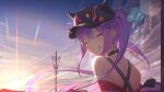  1girl absurdres bangs baseball_cap bibi_(tokoyami_towa) black_choker choker closed_eyes cloud day demon_tail facing_viewer fake_horns floating_hair grin hat highres hololive horned_headwear horns long_hair multicolored_hair off_shoulder open_mouth piercing pink_hair power_lines purple_hair shima6644 sky smile solo tail tail_ornament tail_piercing tokoyami_towa twintails two-tone_hair utility_pole virtual_youtuber 