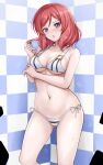  1girl arm_under_breasts ass_visible_through_thighs bangs bare_arms bare_shoulders bikini blush breasts breath checkered_background cleavage collarbone hand_up highres looking_at_viewer love_live! love_live!_school_idol_project medium_breasts medium_hair navel nishikino_maki parted_lips playing_with_own_hair purple_eyes r-binon red_hair revision side-tie_bikini_bottom sidelocks solo standing stomach string_bikini striped striped_bikini sweat sweatdrop swimsuit thighs tile_wall tiles wet white_bikini 