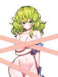  1girl absurdres arm_under_breasts ass_visible_through_thighs blue_gloves blush boku_no_hero_academia breasts caution_tape colored_eyelashes contrapposto gloves grabbing_own_arm green_eyes green_hair groin hagakure_tooru hair_between_eyes highres keep_out large_breasts long_hair looking_at_viewer medium_breasts navel nude o2h2_oh4 solo sweat thigh_gap thighs white_background 
