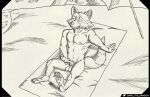  2022 absurd_res anthro balls beach claws exhibitionism extended_arm extended_leg eyes_closed fangs foreskin garo_(artist) genitals guardians_of_the_galaxy hi_res kinktober male mammal marvel masturbation monochrome mountain muscular nipples pecs penis procyonid public raccoon rocket_raccoon seaside short_stack simple_background sitting snout solo towel 