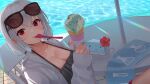  1girl absurdres bangs bikini black_bikini blue_nails breasts cleavage eyewear_on_head flower food hair_over_shoulder hakase_fuyuki highres holding holding_food ice_cream ice_cream_cone jacket looking_at_viewer mouth_hold nijisanji open_clothes open_jacket red_eyes red_flower shima6644 solo sunglasses swimsuit twintails utensil_in_mouth virtual_youtuber white_hair white_jacket 
