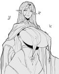  absurdres bangs blonde_hair blue_eyes breasts bridal_gauntlets cerestia_of_life cloak covered_nipples dress elf hair_between_eyes highres large_breasts last_origin non-web_source parted_lips pelvic_curtain pointy_ears revealing_clothes sideboob solo wide_hips 