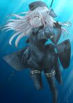  1girl black_bodysuit black_headwear black_jacket black_wetsuit blonde_hair blue_eyes bodysuit commentary_request cropped_jacket fuji_(pixiv24804665) full_body garrison_cap hat headgear highres jacket kantai_collection long_hair looking_at_viewer snorkel solo u-511_(kancolle) underwater 