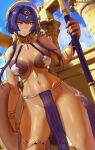 1girl blue_hair breasts candace_(genshin_impact) curvy dark-skinned_female dark_skin genshin_impact heterochromia highres holding holding_polearm holding_weapon large_breasts loincloth looking_at_viewer midriff nail_polish navel polearm shield solo thick_thighs thighs ultrabinou weapon 