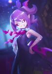  1girl black_dress black_sclera colored_sclera colored_skin demon_girl dress kisuu long_hair looking_at_viewer musume_(yuunama) pointy_ears purple_hair purple_skin side_ponytail sleeveless sleeveless_dress smile solo v v_yuusha_no_kuse_ni_namaiki_da_r yuusha_no_kuse_ni_namaiki_da 