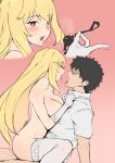  1boy 1girl absurdres after_kiss ball_gag black_hair blonde_hair breasts cleavage clothed_female_nude_male collarbone collared_shirt elbow_gloves faceless faceless_male gag gloves hair_between_eyes hetero highres holding_gag kamijou_touma large_breasts looking_at_viewer multiple_views nude open_mouth saliva saliva_trail sex shirt shokuhou_misaki short_hair simple_background spider_web_print spiked_hair star-shaped_pupils star_(symbol) straddling sweat symbol-shaped_pupils thighhighs toaru_kagaku_no_railgun toaru_majutsu_no_index upright_straddle vaginal valtor white_gloves white_shirt white_thighhighs 