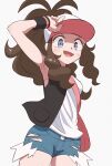  1girl baseball_cap black_vest blue_eyes brown_hair curly_hair cutoffs denim denim_shorts exposed_pocket hat high_ponytail highres hilda_(pokemon) kurachi_mizuki long_hair pokemon pokemon_(game) pokemon_bw shirt short_shorts shorts sidelocks sleeveless sleeveless_shirt solo tank_top vest white_shirt wristband 