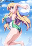  1girl arms_behind_head artist_name ass ball beachball blonde_hair blue_eyes breasts cloud competition_swimsuit dated day large_breasts legs long_hair looking_at_viewer nafta ocean one-piece_swimsuit open_mouth pointy_ears sky solo swimsuit tiffania_westwood very_long_hair water zero_no_tsukaima 