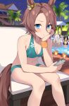  &gt;_&lt; 3girls animal_ears asato_(fadeless) bare_shoulders bikini biwa_hayahide_(umamusume) black_hair blue_eyes blush breasts brown_hair building candle cellphone chair cleavage closed_mouth grey_hair groin highres holding holding_phone horse_ears horse_girl horse_tail long_hair looking_at_viewer lounge_chair medium_breasts multiple_girls narita_taishin_(umamusume) navel night outdoors palm_tree phone pool short_hair sitting small_breasts smartphone solo_focus star_(sky) swimsuit tail tree umamusume water winning_ticket_(umamusume) wristband 