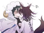  2boys animal_ears bangs black_hair blush borrowed_garments brown_eyes buttons cape checkered_clothes checkered_scarf danganronpa_(series) danganronpa_v3:_killing_harmony double-breasted fur-trimmed_cape fur_trim grey_background heart highres horns jacket kiss looking_at_another male_focus medium_hair multiple_boys ouma_kokichi saihara_shuuichi scarf simple_background songpyeon_(sssssong) star_(symbol) striped striped_cape striped_jacket tail unmoving_pattern white_jacket wolf_ears wolf_tail yaoi 