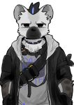  2022 anthro arknights bandolier clothing collar ear_piercing eyebrow_piercing facial_piercing fur grey_body grey_fur hair half-closed_eyes hi_res hyaenid hypergryph jacket looking_at_viewer male mammal mimizuku_kemo multicolored_hair narrowed_eyes piercing simple_background solo spot_(arknights) spots spotted_body spotted_fur spotted_hyena studio_montagne topwear two_tone_hair video_games 