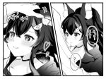  1girl 1other ? animal_ear_fluff animal_ears blush choker greyscale hair_ornament hairclip headpat hololive looking_up monochrome multicolored_hair ookami_mio ponytail smile speech_bubble spoken_question_mark streaked_hair tako_8_yaki translation_request two-tone_hoodie virtual_youtuber wolf_ears wolf_girl 