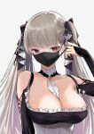  1girl azur_lane between_breasts black_dress breasts cleavage clothing_cutout dress earrings formidable_(azur_lane) frilled_dress frills gothic_lolita grey_hair hair_ribbon jewelry large_breasts lolita_fashion mask mouth_mask necktie necktie_between_breasts red_eyes removing_mask ribbon schreibe_shura shoulder_cutout twintails two-tone_dress two-tone_ribbon upper_body white_background 