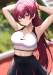  1girl absurdres armpits arms_up bangs bare_shoulders black_skirt blurry blurry_background blush breasts closed_mouth collarbone commentary hair_between_eyes heterochromia high-waist_skirt highres hololive houshou_marine kokono_(kokonokami) large_breasts light_smile long_hair looking_at_viewer navel nike outdoors ponytail red_eyes red_hair shiny shiny_hair skirt solo sports_bra stairs very_long_hair virtual_youtuber white_sports_bra yellow_eyes 