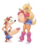 absurd_res activision anthro bandicoot big_breasts bodily_fluids breasts clothed clothing clothing_lift crash_bandicoot crash_bandicoot_(series) duo erection female genital_fluids genitals hi_res john_coffe male male/female mammal marsupial penis precum presenting shirt shirt_lift simple_background smile standing tawna_bandicoot topwear video_games white_background 