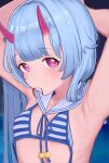  1girl adjusting_hair aori_(binnoaori) armpits arms_behind_head arms_up bangs bikini blue_archive blue_hair blue_sailor_collar blush breasts chise_(blue_archive) chise_(swimsuit)_(blue_archive) completely_nude flat_chest flower hair_flower hair_ornament hair_tie_in_mouth horns long_hair looking_at_viewer mouth_hold nude oni_horns purple_eyes red_eyes sailor_collar solo striped striped_bikini swimsuit tying_hair upper_body 