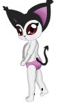  absurd_res anthro butt clothing espurrito felid feline female flat_chested fur hi_res innocence looking_at_viewer mammal mostly_nude panties red_eyes simple_background solo spade_tail underwear vacant_stare white_body young 