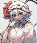  1girl absurdres black_nails collared_shirt commentary fingernails frilled_shirt_collar frills hair_between_eyes hand_up hat hat_ribbon highres light_purple_hair looking_at_viewer marimo_tarou mob_cap parted_lips pink_headwear pink_shirt red_eyes red_ribbon remilia_scarlet ribbon sharp_fingernails shirt short_hair sketch smile solo teeth touhou tsurime upper_body wrist_cuffs 