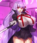  1girl :d bb_(fate) bb_(fate/extra) black_coat breasts coat cowboy_shot fate/extra fate/extra_ccc fate/grand_order fate_(series) gloves high-waist_skirt holding holding_pointer huge_breasts long_hair looking_at_viewer melon22 neck_ribbon pointer purple_hair red_eyes ribbon skirt smile solo white_gloves 