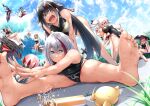  6+girls admiral_graf_spee_(azur_lane) alternate_costume august_von_parseval_(azur_lane) azur_lane character_request competition_swimsuit deutschland_(azur_lane) highres manjuu_(azur_lane) multicolored_hair multiple_girls one-piece_swimsuit oriue_wato rigging split spread_legs streaked_hair stretching swimsuit u-47_(azur_lane) water 