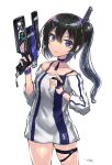  1girl bangs bare_shoulders black_choker black_hair bridal_gauntlets choker earrings gia gloves gun hair_ornament half_gloves highres holding holding_gun holding_weapon jewelry long_hair looking_at_viewer original purple_eyes side_ponytail solo thigh_strap trigger_discipline weapon white_background wristband 