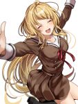 1girl :d ^_^ arms_up bang_dream! bangs black_footwear black_socks blonde_hair blurry blurry_foreground blush breasts brown_dress buttons closed_eyes collarbone depth_of_field dress facing_viewer foot_out_of_frame hanasakigawa_school_uniform jumping long_hair long_sleeves medium_breasts neck_ribbon open_mouth outstretched_arms pleated_dress red_ribbon ribbon roko_(pe0e07) sailor_collar sailor_dress school_uniform serafuku shoes sidelocks simple_background smile socks solo tsurumaki_kokoro very_long_hair white_background white_sailor_collar 
