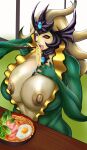  absurd_res big_breasts black_sclera breasts chopsticks crown eating female food hi_res huge_breasts humanoid league_of_legends marine merfolk mkonstantinov nami_(lol) nipples noodles ramen red_eyes riot_games solo split_form video_games 