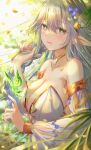  1girl bangs bare_shoulders blue_flower blurry blurry_background blush breasts cleavage collarbone commentary_request cross-shaped_pupils crystalfly_(genshin_impact) detached_sleeves dress elf falling_petals flower genshin_impact gold_choker gold_trim gradient_hair green_eyes green_hair green_nails hair_between_eyes hair_ornament hand_up highres holding holding_hair index_finger_raised kinom_(sculpturesky) large_breasts leaf_hair_ornament long_hair long_sleeves multicolored_hair nahida_(genshin_impact) outdoors parted_lips petals pointy_ears rukkhadevata_(genshin_impact) sidelocks smile solo strapless strapless_dress two-tone_hair upper_body white_dress white_hair white_sleeves 
