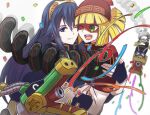  2girls arms_(game) bangs blonde_hair blue_eyes blue_hair bowl bowl_hat carrying closed_mouth confetti fire_emblem fire_emblem_awakening green_eyes hair_between_eyes hat highres long_hair lucina_(fire_emblem) mask min_min_(arms) multiple_girls one_eye_closed open_mouth princess_carry short_hair super_smash_bros. teeth tiara upper_body upper_teeth yuta_npop 