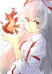 1girl absurdres bangs collared_shirt commentary_request fire fujiwara_no_mokou hand_up highres juliet_sleeves kyoroniki long_hair long_sleeves parted_lips puffy_sleeves red_eyes shirt simple_background sketch sleeves_past_elbows solo torn_clothes touhou white_background white_hair white_shirt 