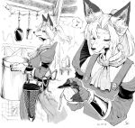  absurd_res anthro apple apron canid canine clothed clothing cooking_pot dipstick_ears dress eyes_closed female fireplace fox fur hair hi_res holding_pot inside iz. kemono kerchief kitchen knife mammal monochrome multicolored_ears musical_note peeling smile solo window 