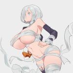  1girl absurdres angel_(kof) bandages bangs blue_eyes blush breasts cleavage closed_mouth detached_sleeves drowsykrid gloves hair_over_one_eye halloween halloween_costume highres huge_breasts mummy_costume short_hair simple_background solo the_king_of_fighters toned white_background 