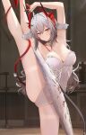  1girl antenna_hair arknights arm_garter armpits arms_up ballerina ballet bangs bare_arms bare_shoulders barre black_choker blush breasts cameltoe choker cleavage closed_mouth dress feet_out_of_frame grey_hair highres horns indoors large_breasts leg_up leotard leotard_peek long_hair looking_at_viewer pantyhose pink_leotard revision ru_zhai single_leg_pantyhose solo split standing standing_on_one_leg standing_split strapless strapless_leotard thighband_pantyhose thighs tutu w_(arknights) white_dress white_hair white_pantyhose yellow_eyes 