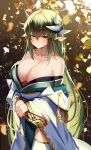  1girl absurdres bangs bare_shoulders blush breasts closed_mouth collarbone commentary dragon_horns fate/grand_order fate_(series) green_eyes grey_hair hair_ornament highres horns japanese_clothes kiyohime_(fate) large_breasts leaf long_hair long_sleeves lucky_(1045044604) off_shoulder smile solo symbol-only_commentary thighhighs white_thighhighs 