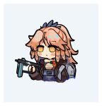  :o arknights backpack bag black_jacket blush_stickers chibi cropped_torso daoshi_niang_lan_er grey_background gun highres holding holding_gun holding_weapon jacket long_hair long_sleeves looking_away open_clothes open_jacket orange_eyes orange_hair parted_lips pinecone_(arknights) ponytail puffy_long_sleeves puffy_sleeves simple_background upper_body weapon 