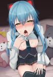  1girl ao_no_kiseki bed blue_hair blush breasts brooch bukkake cat_hair_ornament chiyo_(pk19981234) cum cum_in_mouth cum_on_body cum_on_breasts cum_on_hair cumdrip eiyuu_densetsu finger_to_mouth hair_ornament highres jacket jewelry looking_at_viewer mishy necktie nipples open_clothes open_jacket oral_invitation sitting skirt small_breasts solo stuffed_animal stuffed_cat stuffed_toy thighhighs tio_plato tongue tongue_out yellow_eyes zero_no_kiseki 