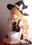  1girl :3 absurdres apron bangs black_footwear black_headwear black_skirt black_vest blonde_hair blood blood_on_knife blood_stain blush blush_stickers bow braid closed_mouth commentary_request cookie_(touhou) frilled_apron frills full_body hair_bow hat hat_bow highres inabahitomi kirisame_marisa knife licking licking_finger long_hair looking_at_viewer mary_janes one_eye_closed puffy_short_sleeves puffy_sleeves red_bow red_eyes shirt shoes short_sleeves single_braid sitting skirt skirt_set smile socks solo suzu_(cookie) touhou turtleneck unusually_open_eyes vest waist_apron wariza white_apron white_bow white_shirt witch_hat 