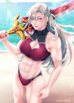  1girl abs absurdres aurelia_le_guin bikini braid breasts cleavage cleavage_cutout clothing_cutout earrings eiyuu_densetsu french_braid highres holding holding_sword holding_weapon huge_weapon jewelry long_hair looking_at_viewer magpul21 muscular purple_eyes sen_no_kiseki smile solo swimsuit sword weapon white_hair 