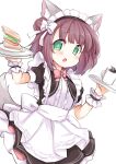  1girl absurdres animal_ears apron azur_lane brown_eyes coffee coffee_mug cup dog_ears dog_tail food green_eyes hair_bun highres holding holding_tray kinomiki_nobori looking_at_viewer maid maid_apron maid_headdress mug open_mouth plate ribbon sandwich shiratsuyu_(azur_lane) shiratsuyu_(is_the_order_a_torpedo?)_(azur_lane) short_hair single_side_bun solo tail tray white_background 