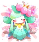  1girl ^_^ alternate_color aqua_hair arms_up bangs blush closed_eyes colored_skin commentary_request crown facing_viewer flat_chest flower full_body hair_flower hair_ornament incoming_hug lilligant long_hair mini_crown monster_girl no_mouth outstretched_arms partial_commentary pink_flower plant_girl pokemon pokemon_(creature) shiny_pokemon shira_(sirairo116) sidelocks solo standing straight-on swept_bangs tilted_headwear white_skin yellow_headwear 