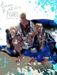  2boys alternate_costume baggy_pants barefoot blonde_hair blue_eyes brothers couch cup edgar_roni_figaro final_fantasy final_fantasy_vi highres holding holding_cup low_ponytail mash_rene_figaro multi-tied_hair multiple_boys oju_(ouka) pants ponytail siblings square_enix teacup 