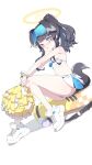  1girl animal_ears ass bangs bare_shoulders black_hair blue_archive blue_eyes blush breasts cheerleader crop_top dog_ears dog_girl dog_tail eyewear_on_head goggles goggles_on_head halo hibiki_(blue_archive) hibiki_(cheerleader)_(blue_archive) highres jewelry long_hair looking_at_viewer midriff ouer_moyu pom_pom_(cheerleading) shoes simple_background skirt small_breasts sneakers solo tail thighs visor_cap white_background 
