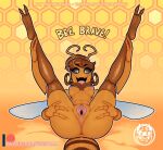  2019 antennae_(anatomy) anthro anus arthropod arthropod_abdomen bee biped blush breasts butt clothing digital_media_(artwork) english_text female gaping gaping_pussy genitals hair hymenopteran insect insect_wings legs_up legwear looking_at_viewer lying mostly_nude multi_arm multi_limb neck_tuft nipples non-mammal_breasts on_back open_mouth patreon patreon_logo patreon_username presenting presenting_pussy pussy raised_leg small_waist smile solo spread_legs spreading text thigh_highs tuft url watermark wings yorutamago 