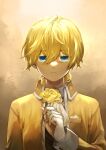  1boy absurdres aku_no_meshitsukai_(vocaloid) allen_avadonia ascot backlighting blonde_hair blue_eyes collared_shirt colored_eyelashes expressionless flower gloves hair_between_eyes high_collar highres holding holding_flower jacket kagamine_len long_sleeves mio_(user_fdyu4558) open_mouth pale_skin rose serious shirt short_ponytail solo vocaloid white_gloves yellow_flower yellow_jacket yellow_rose yellow_theme 