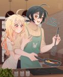  1boy 1girl :d ahoge akamatsu_kaede alternate_costume apron bacon bangs black_hair blonde_hair blurry blurry_background blush brown_eyes brown_sweater collarbone cooking danganronpa_(series) danganronpa_v3:_killing_harmony egg food fried_egg green_apron grey_shirt hair_ornament heart highres hug hug_from_behind indoors jewelry kiki_witch long_sleeves messy_hair musical_note musical_note_hair_ornament plant ring saihara_shuuichi shirt short_hair smile sparkle sweater teeth tongue upper_teeth 