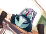  1girl absurdres backlighting black_socks boku_no_hero_academia bow bow_panties bra brown_footwear denhijou_niki desk dutch_angle green_bra green_panties green_skirt grey_jacket hagakure_tooru hand_in_panties highres invisible jacket m_legs necktie panties red_necktie school_desk school_uniform shirt skirt socks solo spread_legs thighs underwear uniform white_shirt 