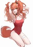  1girl :d absurdres almond_(gun) angelina_(arknights) angelina_(summer_flowers)_(arknights) animal_ears arknights armpits arms_up bangs bare_arms bare_legs bare_shoulders barefoot black_choker breasts brown_eyes brown_hair choker cleavage commentary covered_navel fox_ears fox_tail groin hair_ribbon hands_in_hair highres infection_monitor_(arknights) long_hair looking_at_viewer official_alternate_costume open_mouth red_one-piece_swimsuit red_ribbon ribbon seiza sitting small_breasts smile solo swimsuit tail thigh_strap thighs twintails 