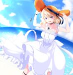  1girl alternate_costume arms_up artist_name azur_lane blonde_hair blue_eyes bracelet choker cross dress frilled_dress frills hat holding holding_clothes holding_hat iron_cross jewelry kamitsuki_shion necklace ocean short_hair sleeveless sleeveless_dress straw_hat sundress white_dress z23_(azur_lane) 